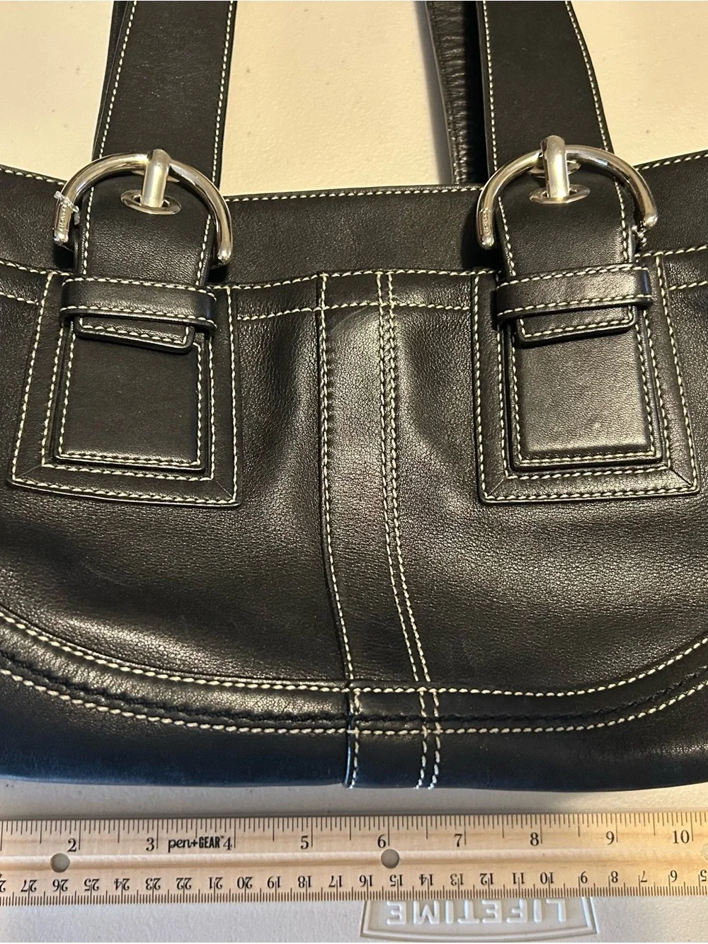 Coach Vintage Classic Black Leather Tote Bag with Contrast Stitching